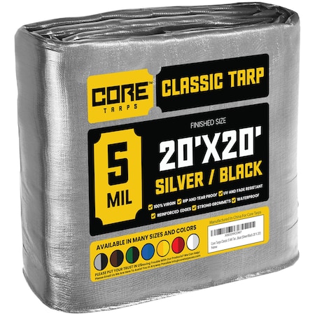Core Tarps Heavy Duty Tarp, 20 ft L x 0.5 mm H x 20 ft W, 5 Mil, Silver/Black, Polyethylene CT-501-20X20